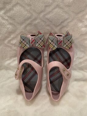 Mini Melissa Kids Sz 6 Toddler. Pre-loved. Pink w/Plaid Bow Mary Jane Flats